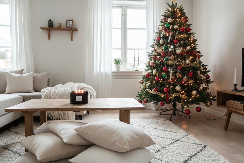 Vanilla Ginger i mysigt vardagsrum med julgran