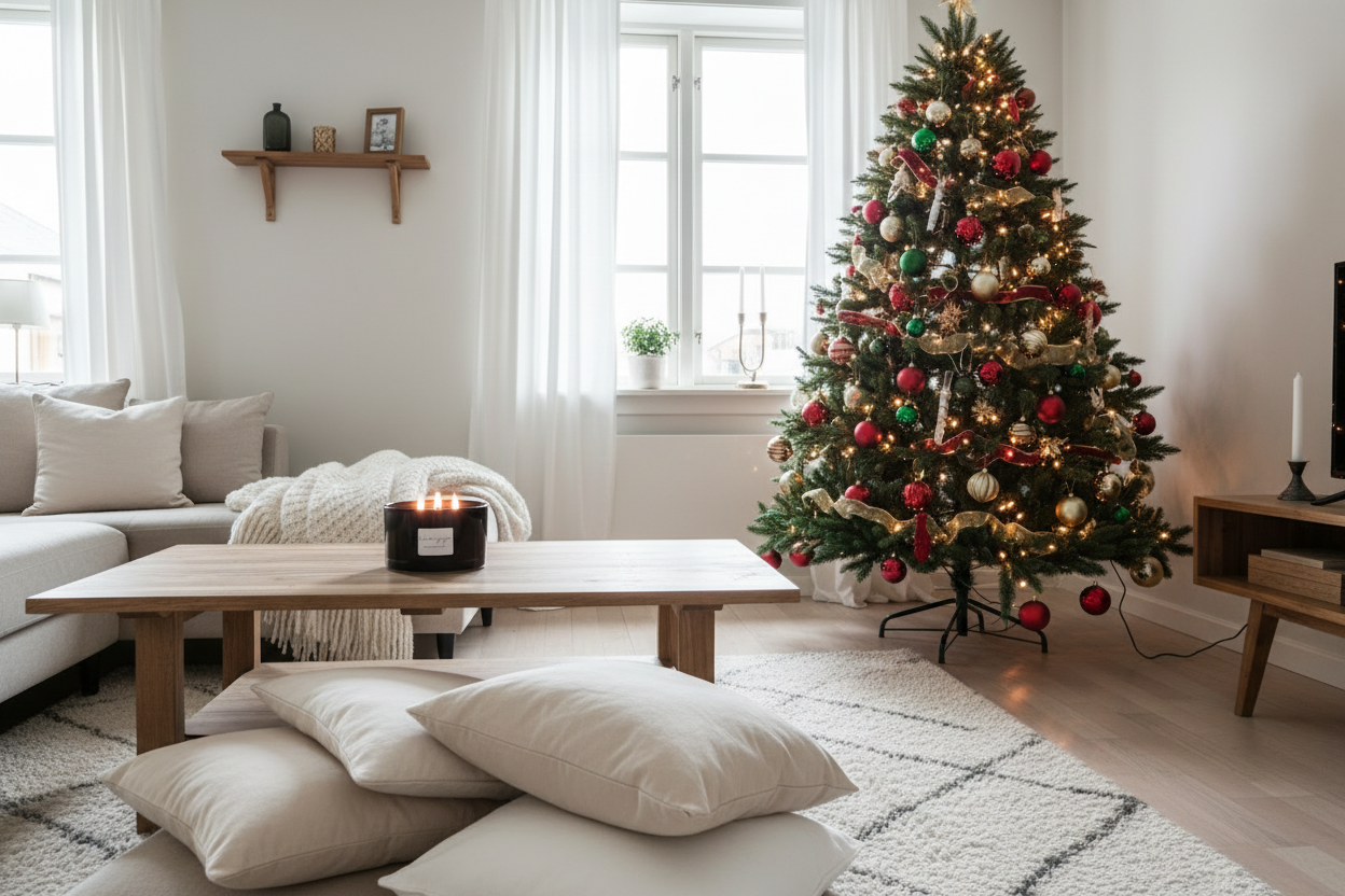 Vanilla Ginger i mysigt vardagsrum med julgran