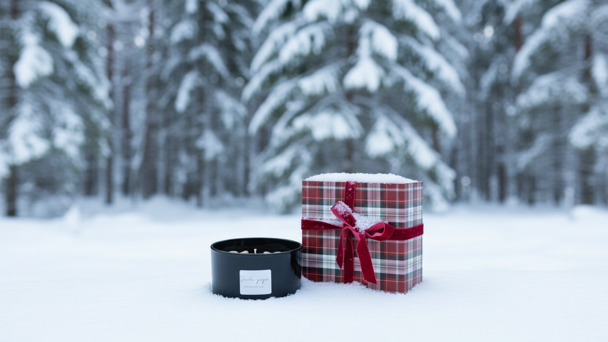 Vanilla Ginger i vinterskogen med snötäckta granar